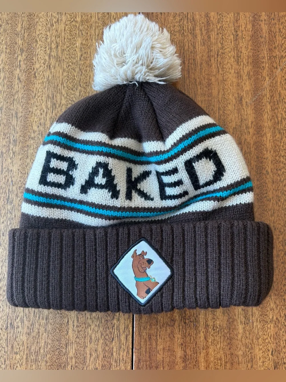 Scooby-Doo “Baked” Pom Patch Knit Beanie with Brown with Teal Accent - One Size